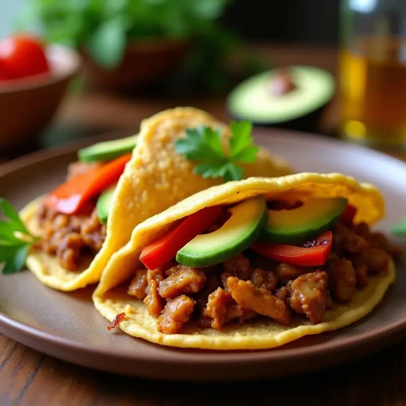 Arepa venezolana dorada abierta por la mitad, rellena de pabello criollo vegano de hongos portobello, rodajas de plátano maduro caramelizado y aguacate cremoso, decorada con cilantro fresco y semillas de sésamo sobre un plato de barro rústico.