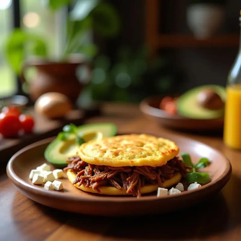 Arepa dorada de plátano macho rellena de carne mechada venezolana, servida en un plato de madera rústico con queso blanco desmenuzado y rodajas de aguacate, receta sin harina y keto.