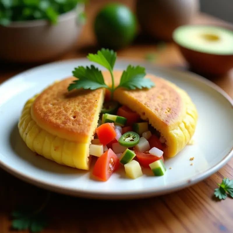 Arepa dorada de plátano macho y semillas de chía abierta por la mitad, rellena de ceviche fresco de palmitos, tomate, cebolla morada, pimiento verde y cilantro, servida en un plato blanco rústico con fondo de madera.