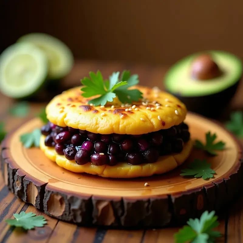 Arepa dorada y esponjosa de plátano macho rellena de frijoles negros con cebolla morada, decorada con semillas de sésamo tostado y cilantro fresco, sobre fondo rústico de madera. Receta colombiana vegana y energética.