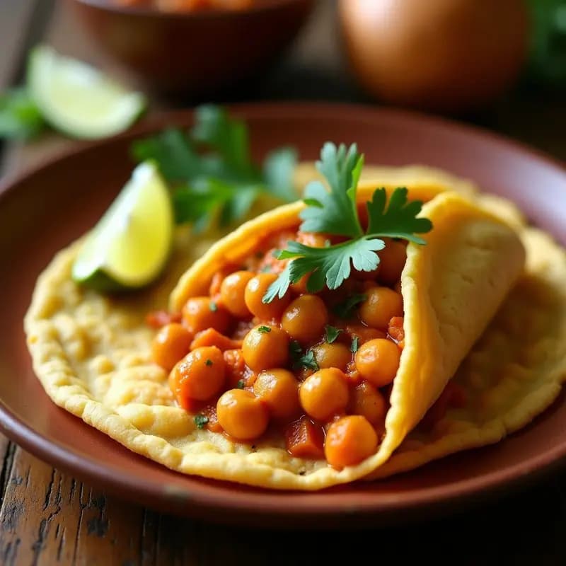 Arepa dorada de plátano macho abierta por la mitad, rellena de curry cremoso de garbanzos con leche de coco, decorada con cilantro fresco y rodaja de limón, sobre un plato de barro rústico con fondo de cocina caribeña.