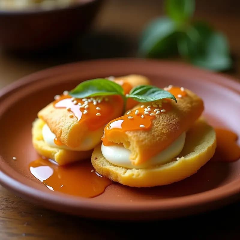 Arepa dorada de plátano macho rellena de queso de cabra derretido, con un hilo de miel de guayaba y semillas de sésamo tostadas, servida en plato rústico de barro sobre fondo de madera oscura.