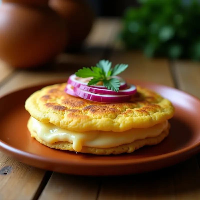 Arepa dorada de plátano macho rellena de queso de castaña cremoso y cebolla morada salteada, decorada con cilantro fresco. Plato típico colombiano sin gluten ni lácteos, servido en un plato de barro rústico.