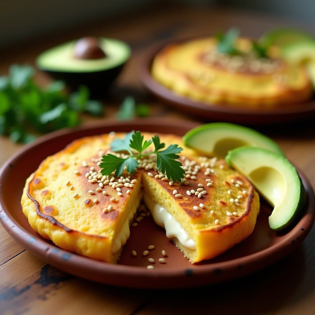 Arepa dorada y crujiente de plátano macho verde rellena de queso de soja, espolvoreada con semillas de sésamo, servida en un plato rústico de barro con hojas de cilantro fresco y rodajas de aguacate al lado. Receta colombiana keto en airfryer.