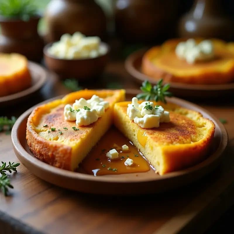 Arepa dorada y esponjosa de plátano maduro con queso de cabra desmenuzado y un hilo de miel de abejas brillante sobre un plato de madera rústica, receta colombiana-venezolana dulce-salada.