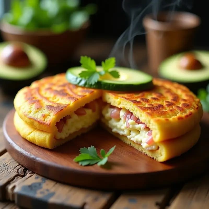 Arepa venezolana dorada y crujiente hecha con plátano macho y rellena de queso cremoso de anacardos, decorada con cebolla morada salteada y cilantro fresco sobre un plato de madera rústico.