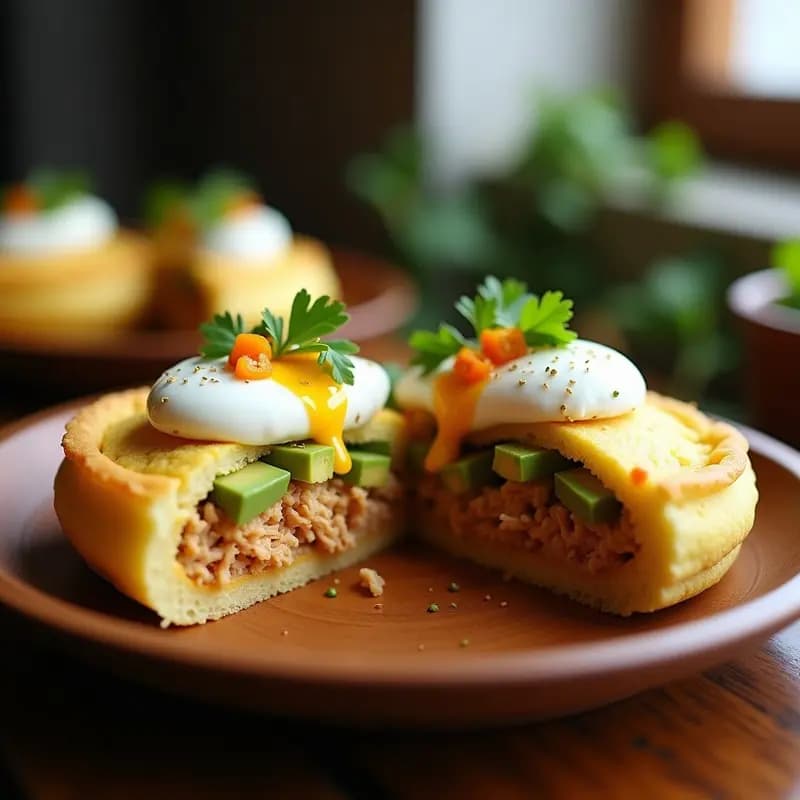 Arepa dorada y esponjosa rellena de pollo desmenuzado especiado y aguacate cremoso, servida en un plato rústico con cilantro fresco y ají dulce. Desayuno colombiano alto en proteína.