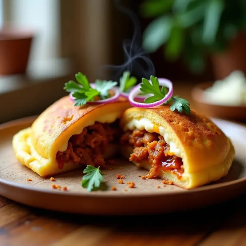 Arepa colombiana vegana rellena de pulled jackfruit desmenuzado y queso mojarella vegano fundido, dorada y crujiente por fuera, servida en plato de madera con cebolla morada y cilantro fresco, cocinada en airfryer.