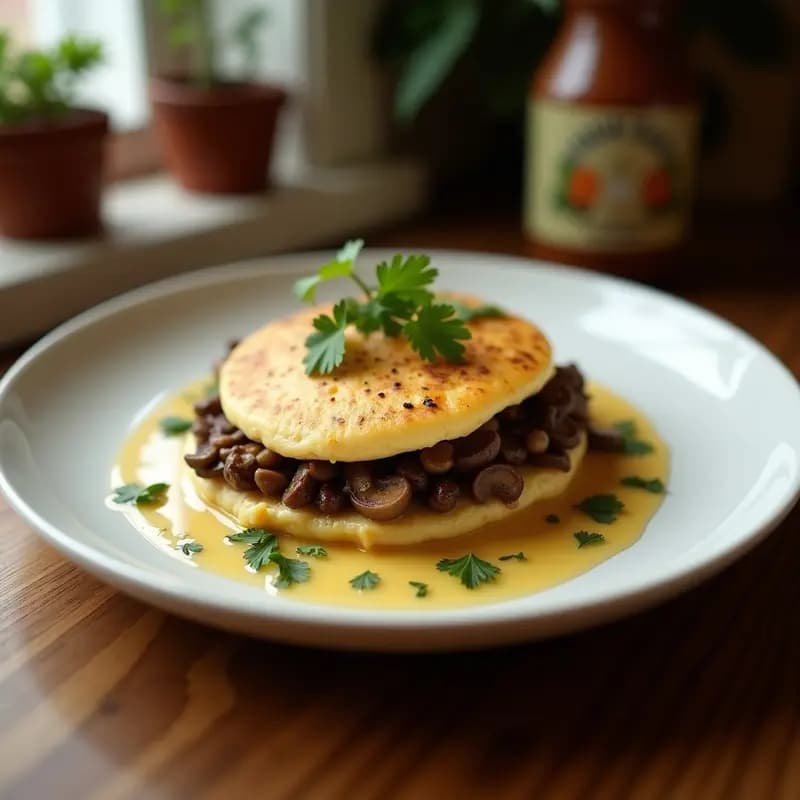 Arepa dorada y crujiente abierta por la mitad, rellena de queso ahumado fundido y champiñones portobello salteados con cebolla morada y tomillo, servida en plato rústico de barro con hilo de aceite de oliva.