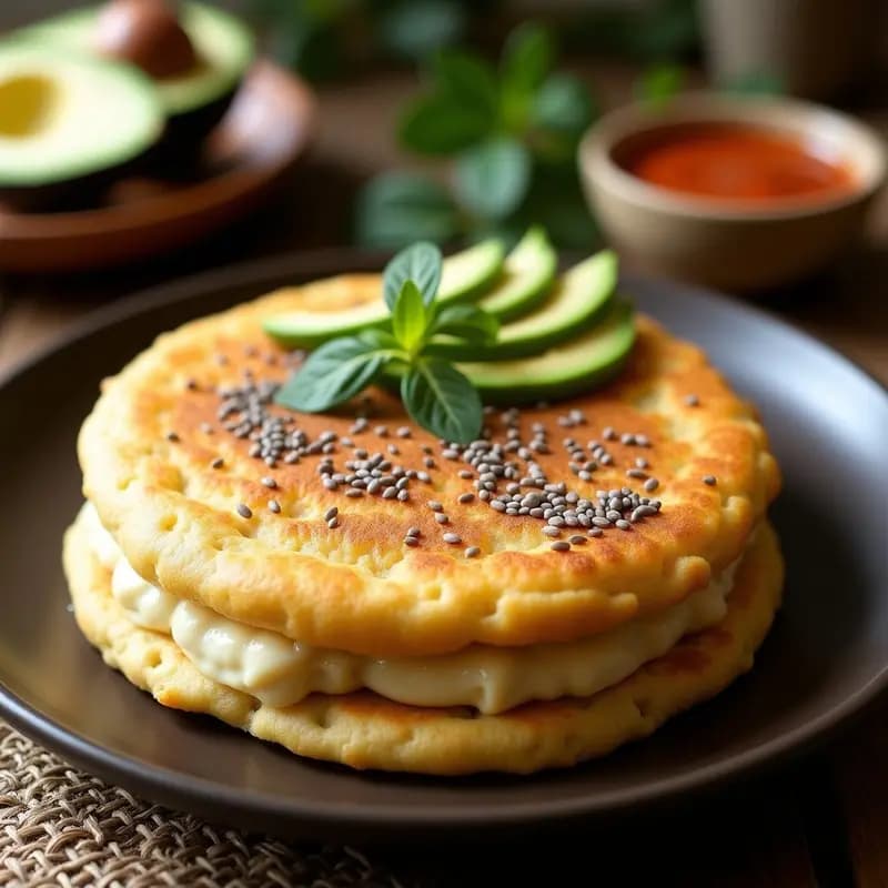 Arepa vegana sin harina de color dorado con relleno de queso de almendras cremoso, espolvoreada con semillas de chía y acompañada de rodajas de aguacate sobre un plato de barro rústico.