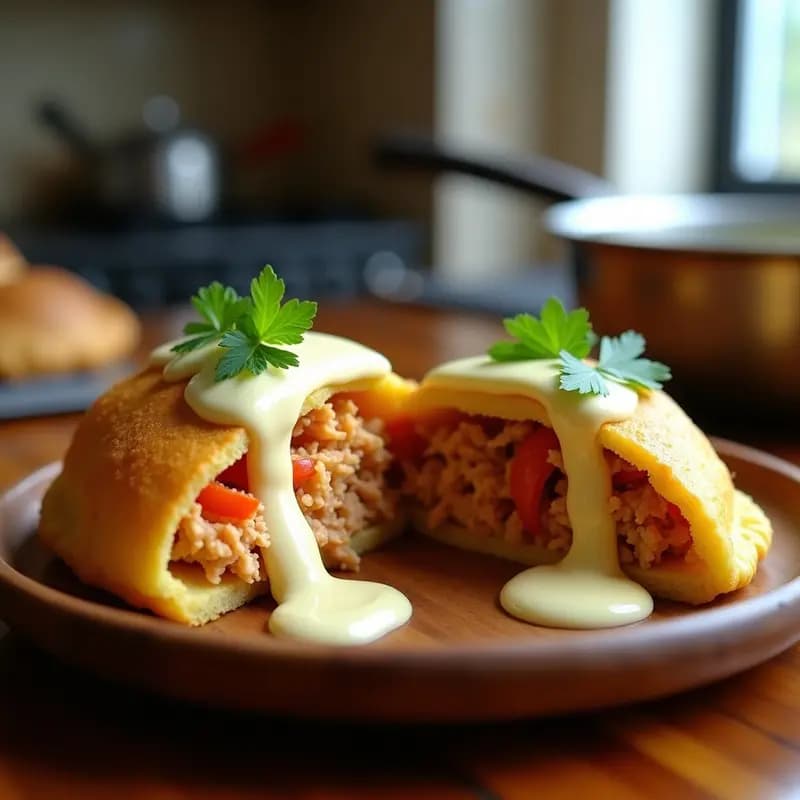 Arepa dorada y crujiente rellena de pabllo vegano desmenuzado y queso de almendras cremoso, decorada con cilantro fresco. Plato típico venezolano vegano en sartén antiadherente, con textura esponjosa y relleno jugoso.