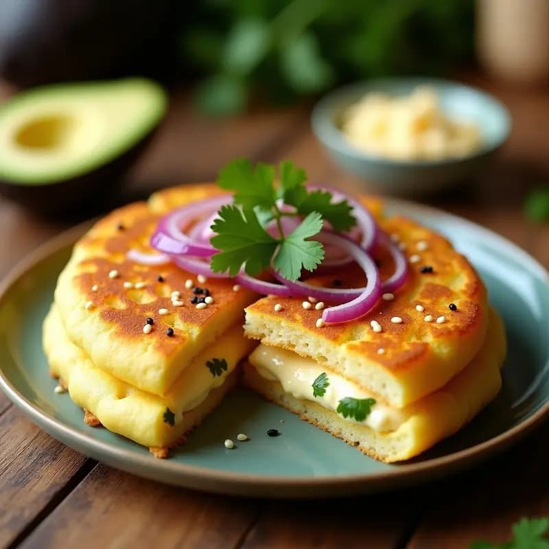 Arepa colombiana dorada y crujiente rellena de queso cremoso de altramuces, decorada con semillas de sésamo, cebolla morada y cilantro fresco. Plato servido sobre fondo rústico de madera con aguacate en rodajas al lado. Receta sin gluten y alta en proteína en airfryer.