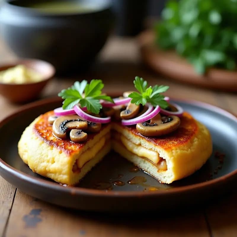 Arepa dorada y crujiente rellena de queso de anacardos cremoso y hongo shiitake salteado, servida en plato blanco con perejil fresco. Receta vegana y sin gluten de arepa rellena de queso de anacardos y hongo shiitake.
