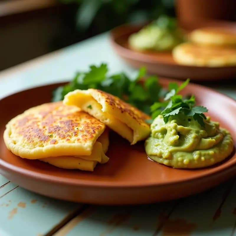 Arepa colombiana dorada y crujiente rellena de queso Antequerano derretido, acompañada de crema de aguacate fresco con cilantro. Plato rústico de barro sobre fondo de madera clara.