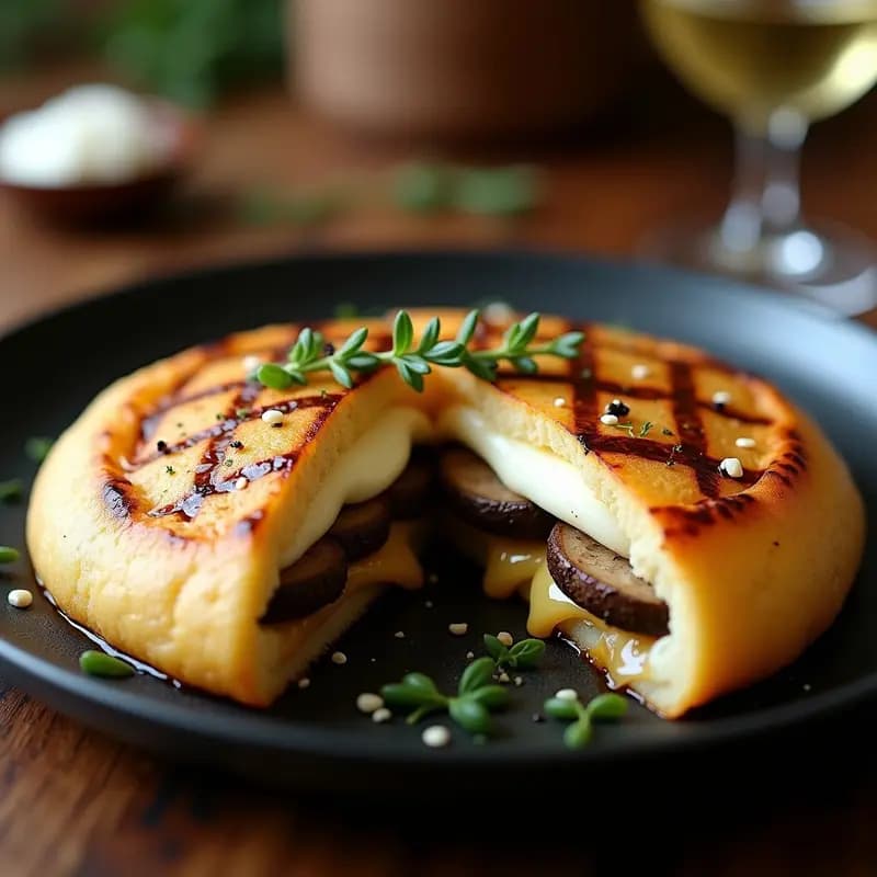 Arepa dorada y crujiente abierta por la mitad, rellena de láminas de queso de búfala derretido y champiñones Portobello en rodajas asadas, con un toque de perejil fresco. Plato gourmet venezolano servido en table de madera rústica.