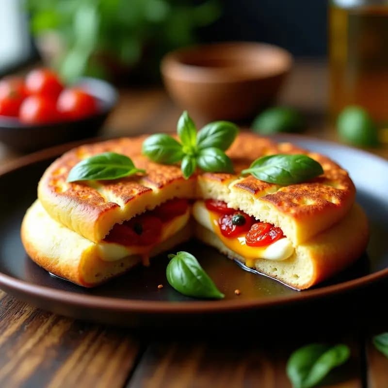 Arepa colombiana gourmet dorada y crujiente rellena de queso de búfala cremoso y tomate confitado brillante con albahaca fresca, servida en plato rústico con hilo de aceite de oliva.