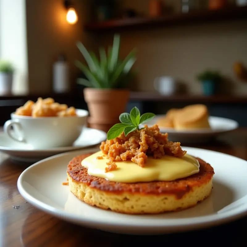 Arepa dorada y crujiente rellena de queso de burro derretido y chicharrón desmenuzado, servida en un plato de barro con huevo frito encima y hierbabuena fresca como decoración. Desayuno colombiano tradicional y energético.