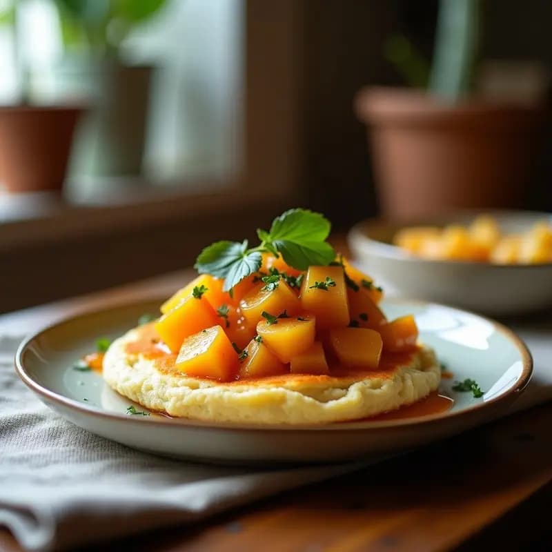 Arepa dorada y crujiente rellena de queso de cabo derretido, abierta por la mitad con mermelada de guayaba brillante y un toque de ají. Plato rústico de cerámica con huevo frito al lado, decorado con hojas de cilantro fresco sobre fondo de madera clara.