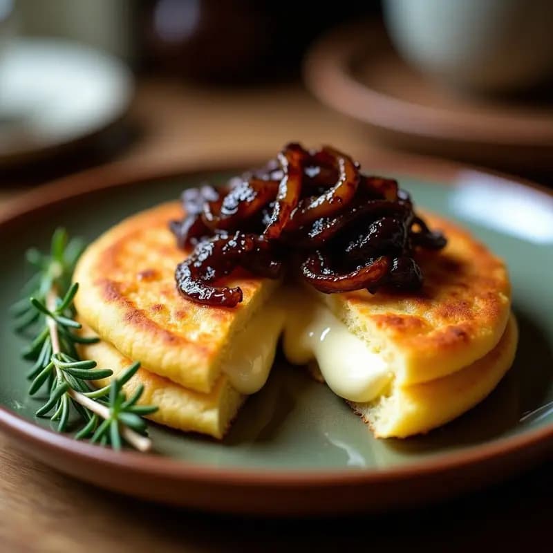 Arepa dorada y crujiente abierta por la mitad, rellena de queso de cabra fundido y cebolla morada caramelizada con brillo de vinagre balsámico, sobre un plato de cerámica rústico con una rama de romero fresco. Desayuno colombiano gourmet con texturas cremosas y melosas.