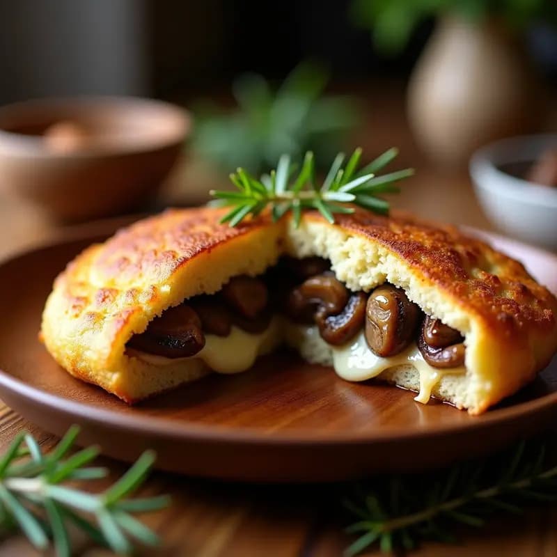 Arepa dorada y crujiente abierta por la mitad, mostrando un relleno cremoso de queso de cabra fundido y champiñones portobello salteados con cebolla morada, sobre un plato de madera rústico con hierbas frescas de decoración.