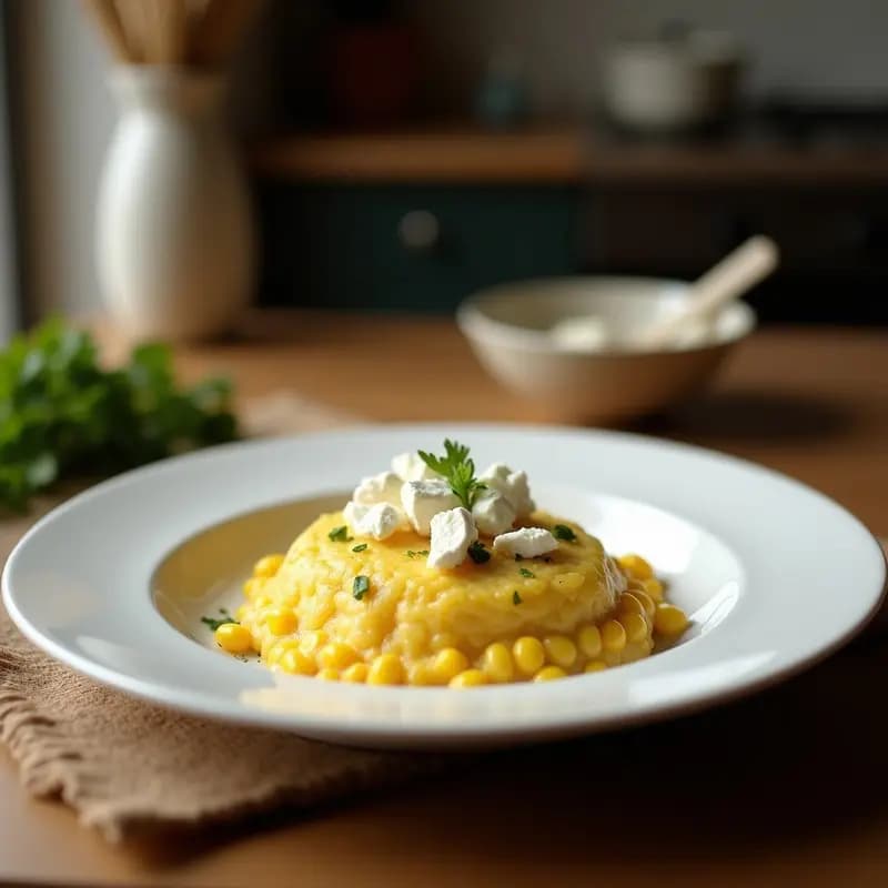 Arepa dorada abiertas por la mitad, rellenas de queso de cabra cremoso y espárragos blancos salteados con cebolla morada, servidas en un plato de cerámica blanca sobre una mesa rústica de madera con hierbas frescas de decoración.