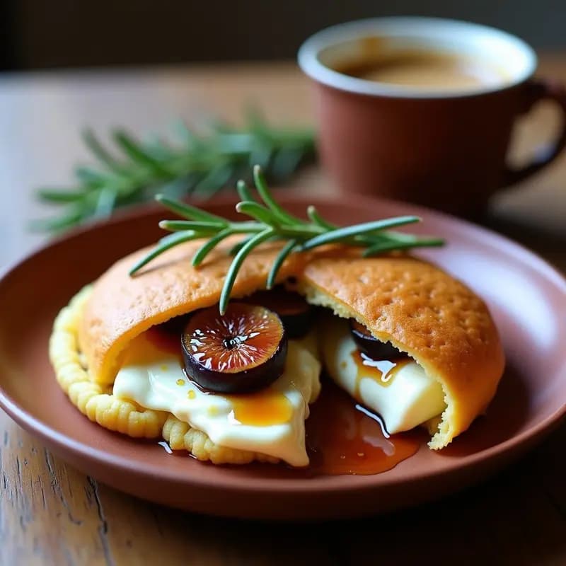 Arepa dorada de maíz blanco abierta por la mitad, rellena de queso de cabra desmenuzado y coronada con higos caramelizados en forma de flor, bañados en sirope brillante. Plato rústico de barro con fondo de tela de lino beige y hojas de naranja como decoración.