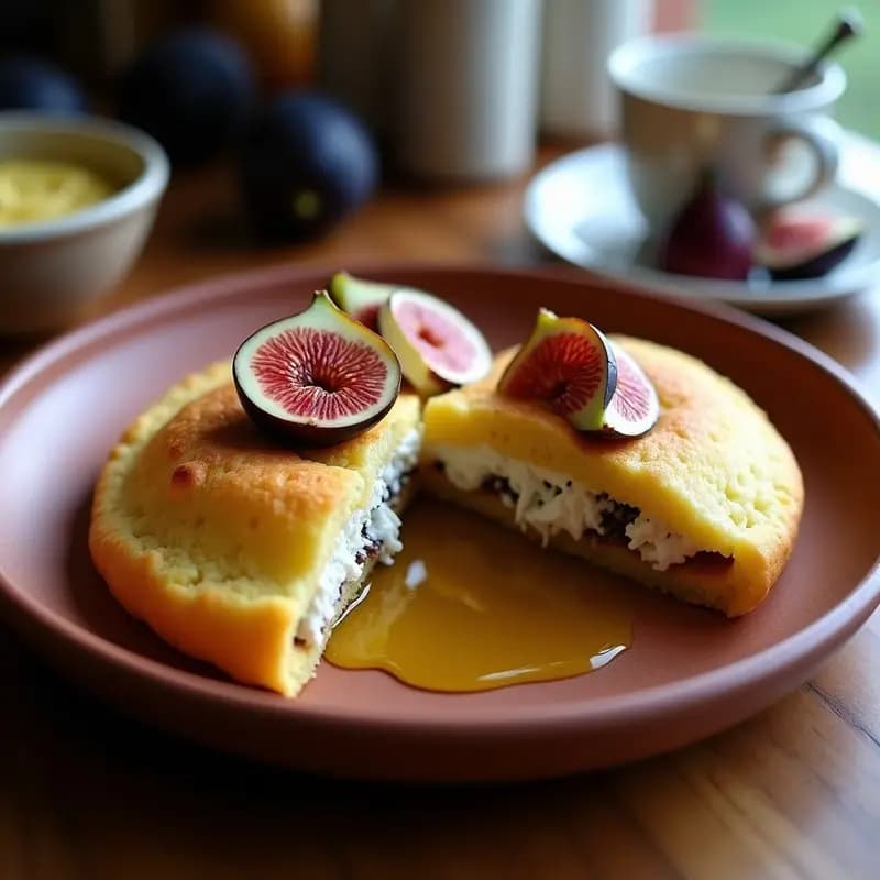 Arepa venezolana dorada y esponjosa rellena de queso de cabra cremoso y trozos de higo fresco, decorada con rodajas de higo y un hilo de aceite de oliva sobre un plato de barro rústico, con semillas de chía visibles en la masa.