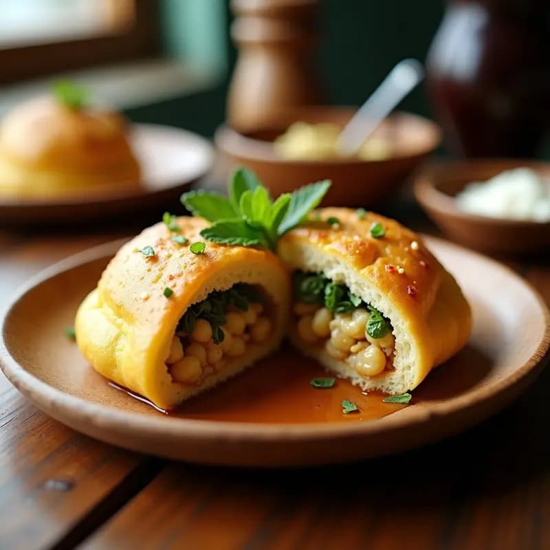 Arepa dorada y crujiente abierta por la mitad, rellena de queso de cabra desmenuzado y trozos de higuitos brillantes con miel, sobre un plato de madera rústico con hojas de menta fresca. Receta colombiana gourmet en sartén.