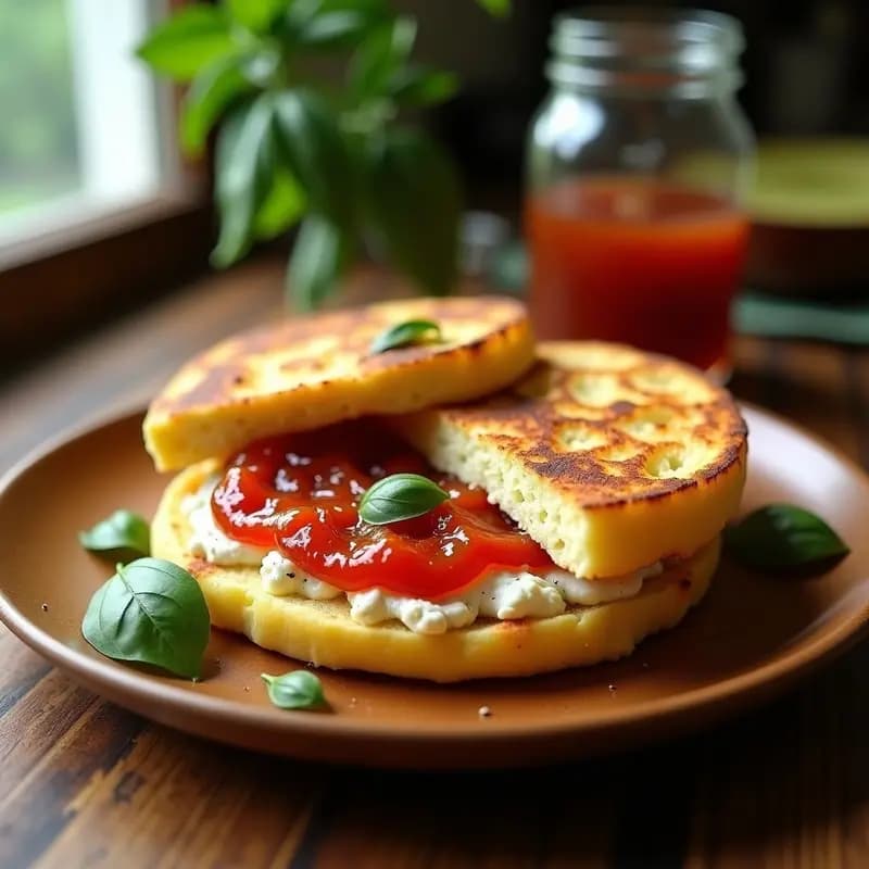 Arepa venezolana dorada y crujiente abierta por la mitad, rellena de queso de cabra desmenuzado con albahaca y pimienta, coronada con mermelada de tomate brillante. Plato rústico de madera con fondo deslumbrante.