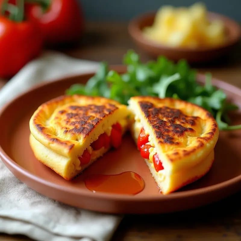Arepa dorada y crujiente rellena de queso de cabra desmenuzado y tiras de pimiento rojo asado, con un hilo de miel de agave, servida en un plato rústico de barro. Receta de arepa de queso de cabra y pimiento asado en airfryer, desayuno colombiano saludable.