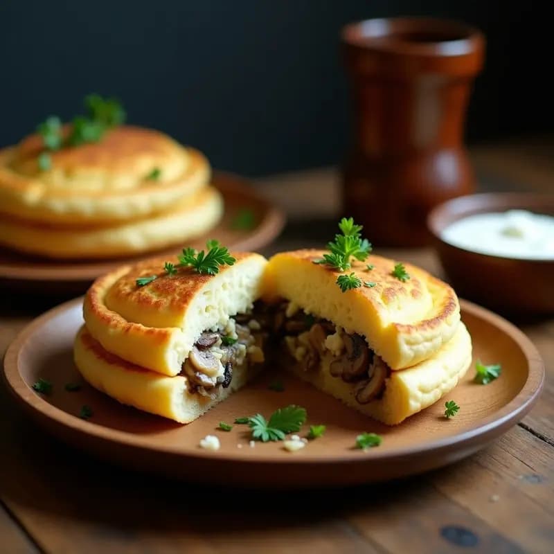 Arepa colombiana dorada rellena de queso de castaño cremoso y champiñones salteados, servida en plato de cerámica blanca con perejil fresco. Receta sin gluten y keto.