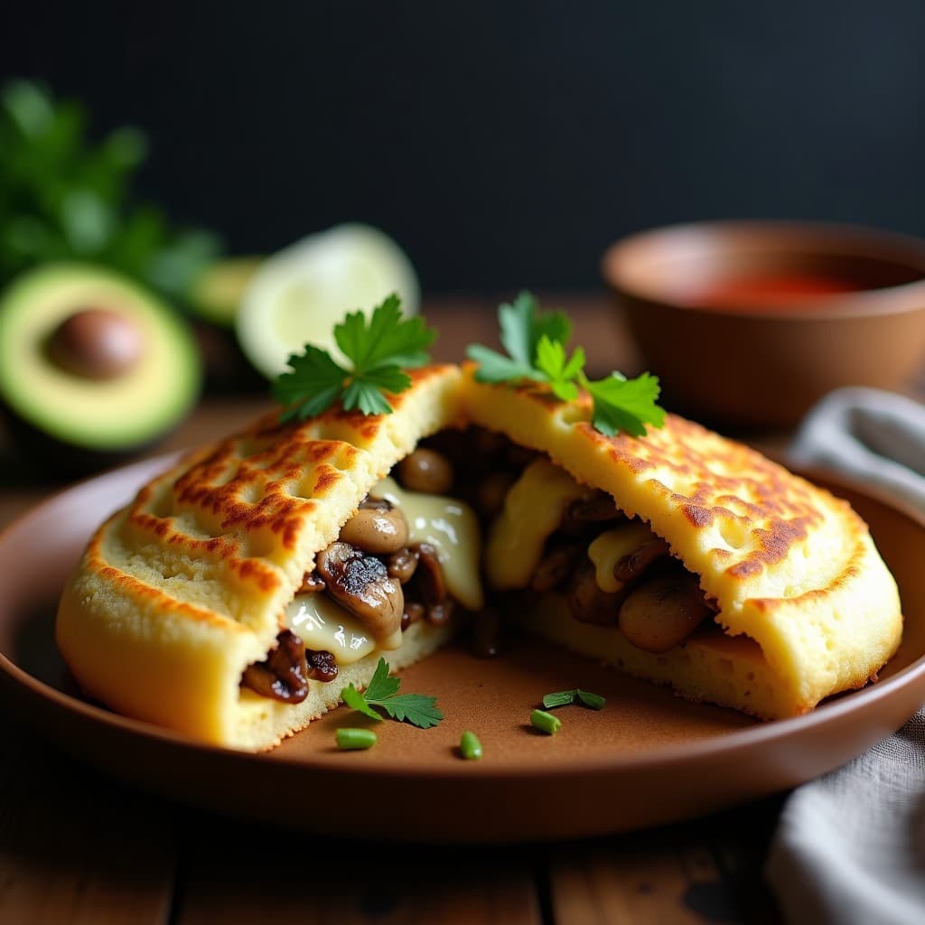 Arepa colombiana dorada y crujiente rellena de queso mozzarella ahumado derretido y champiñones portobello, servida en un plato de barro con perejil fresco espolvoreado. Receta al airfryer sin aceite.