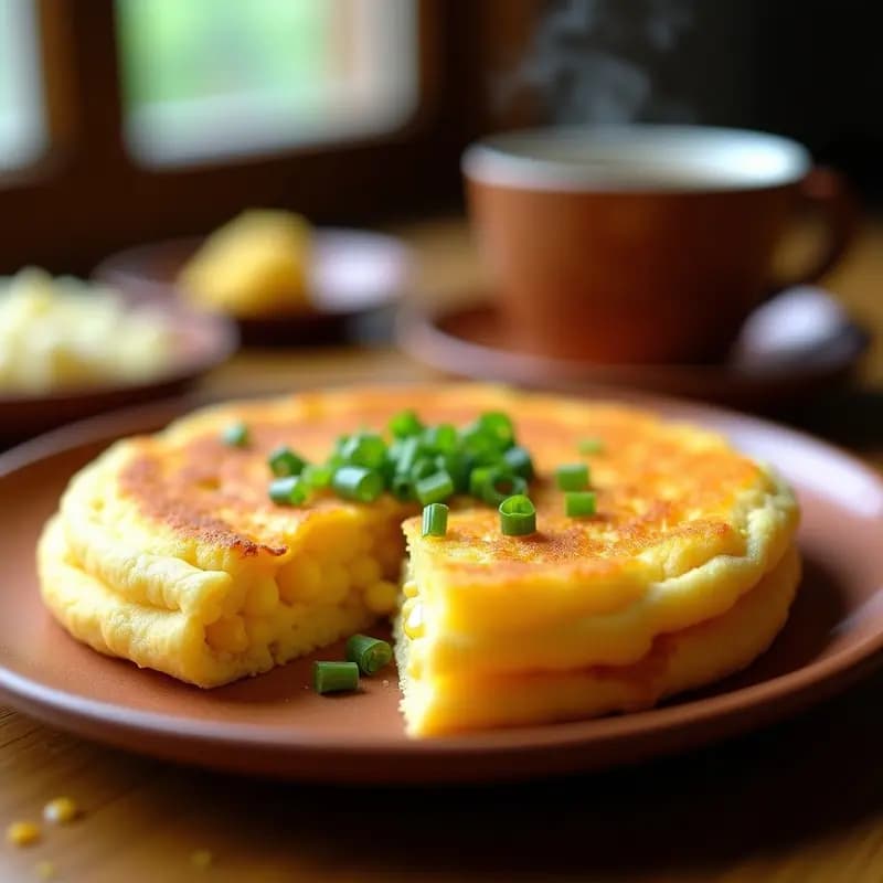 Arepa dorada y esponjosa de queso y choclo en airfryer, con granos de maíz dulce visibles y queso costeño derretido, servida en un plato rústico de barro con cebolla verde picada como decoración.