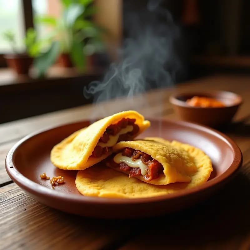 Arepa colombiana dorada y crujiente en sartén, rellena de chorizo criollo y queso campesino derretido, con costra brillante por el huevo batido. Plato tradicional servido en fondo rústico de madera.