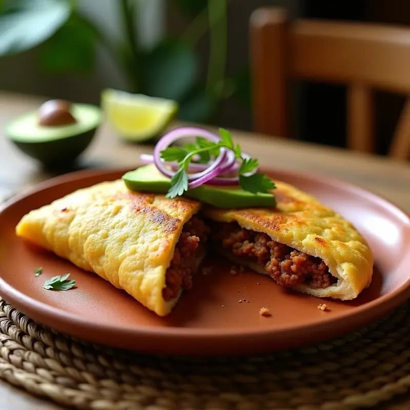 Arepa dorada y crujiente rellena de queso guatemalteco desmenuzado, chorizo vegano especiado y aguacate cremoso con cilantro, servida en un plato de barro con fondo de madera rústica. Receta centroamericana de arepa de queso con chorizo vegano y aguacate.