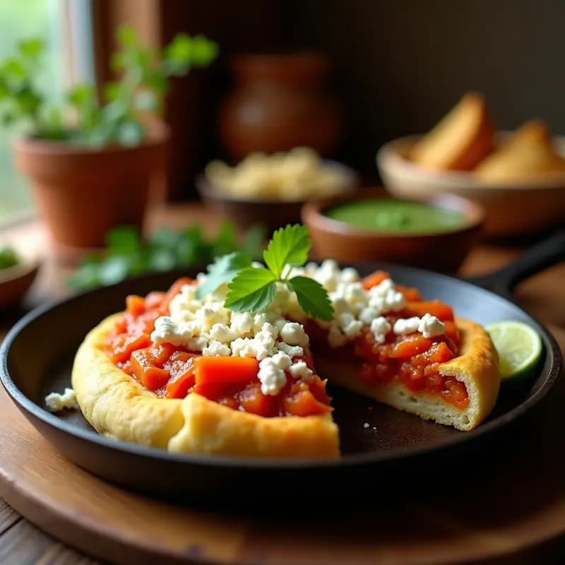 Arepa dorada cortada por la mitad, rellena de queso fresco desmenuzado y hogao colombiano espeso, acompañada de salsa criolla verde con cilantro. Plato típico colombiano servido en sartén de hierro con fondo borroso.