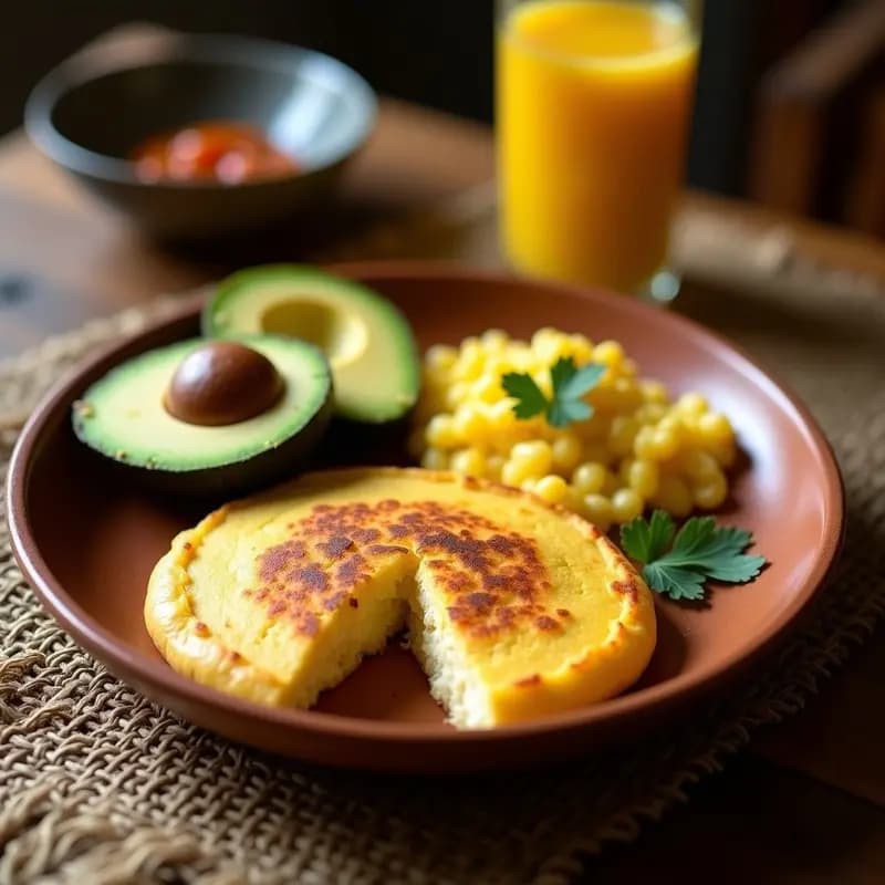 Arepa dorada y crujiente de queso fresco y maíz tostado, cortada por la mitad y rellena de cebolla morada salteada y cilantro fresco, servida en un plato de barro rústico con fondo de cocina tradicional colombiana.