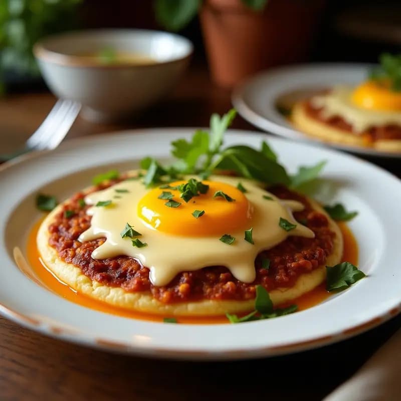 Arepa dorada y crujiente de queso guiés abierta por la mitad, con queso derretido en su interior y rodajas de plátano maduro caramelizado encima, espolvoreadas con semillas de sésamo. Plato típico colombiano sobre fondo rústico de madera.