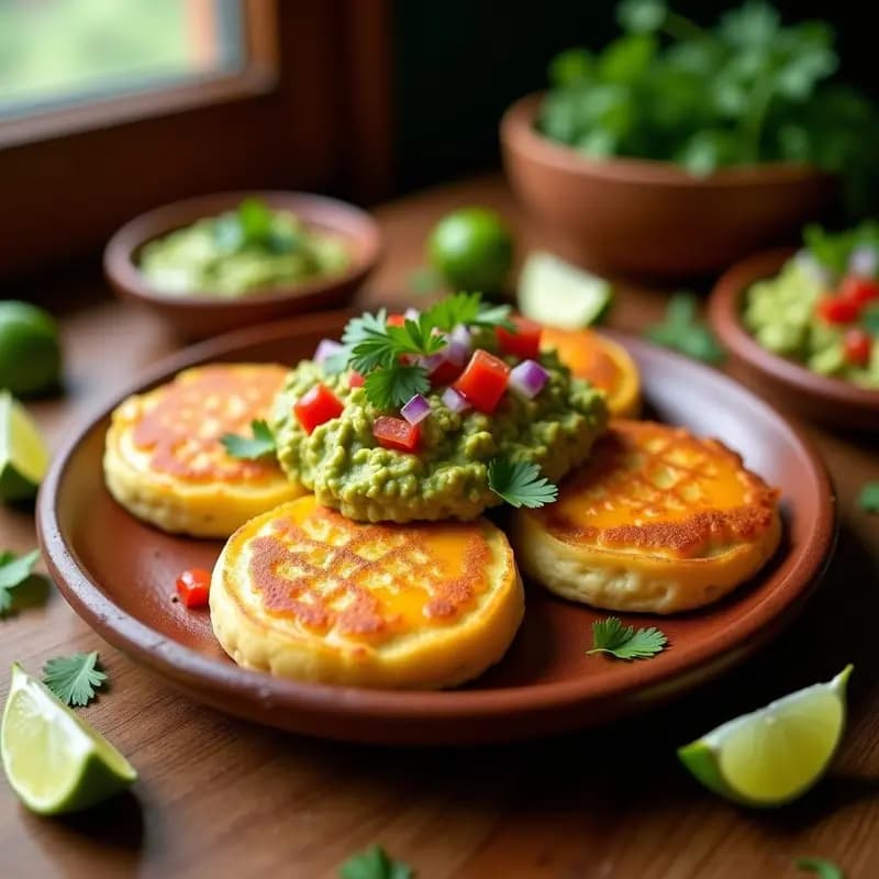 Arepas colombianas doradas y esponjosas rellenas de queso derretido, servidas en un plato de barro con guacamole cremoso y trocitos de tomate, cebolla morada y cilantro. Receta tradicional con toque mexicano, ideal como aperitivo.