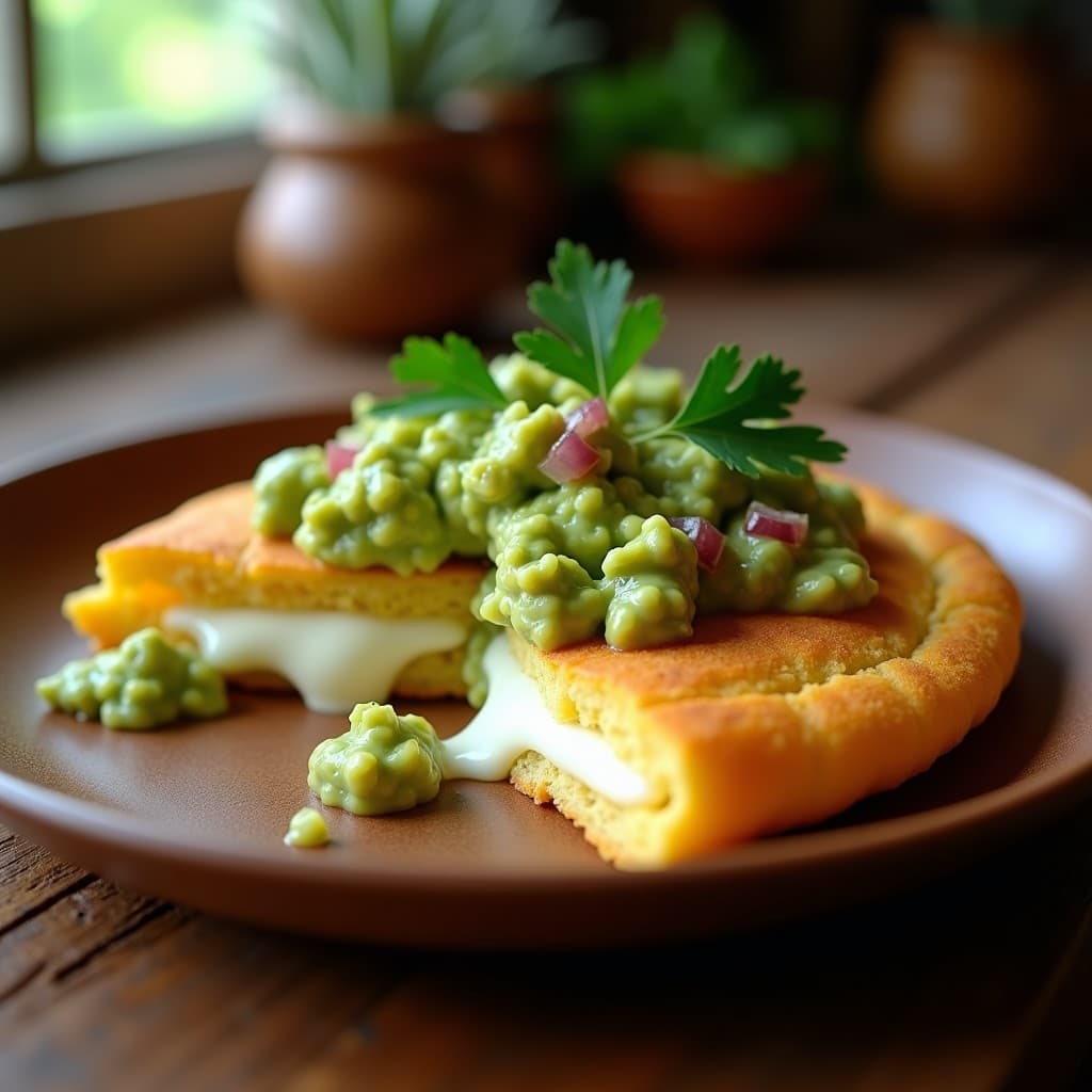 Arepa venezolana dorada y crujiente abierta por la mitad, rellena de queso blanco derretido y acompañada de una generosa porción de guasacaca verde cremosa con trozos de cilantro y cebolla morada. Plato servido en un mantel rústico con hojas de cilantro fresco como decoración.