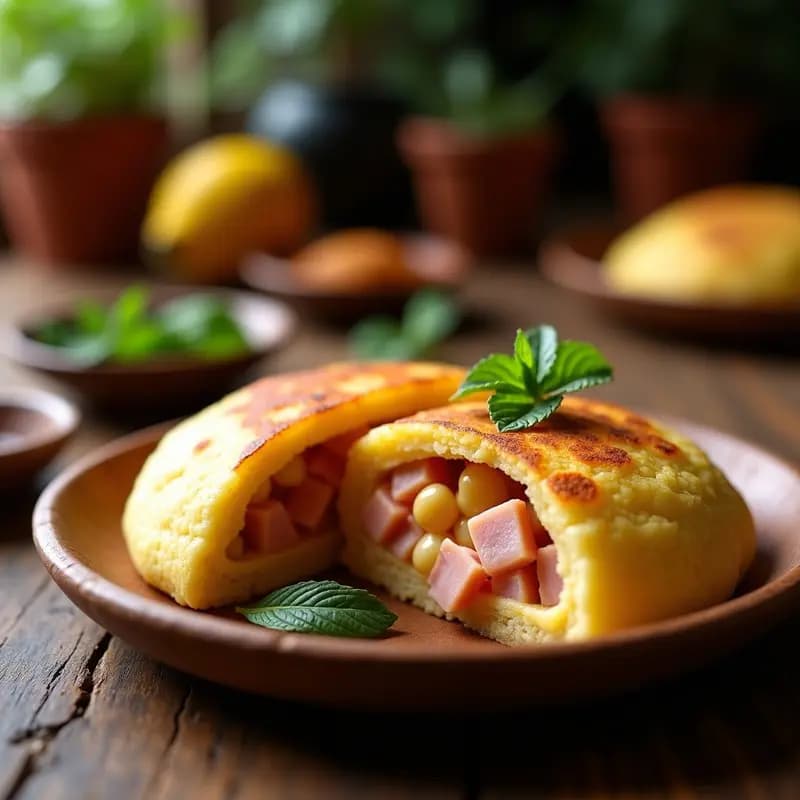 Arepa venezolana dorada y esponjosa abierta por la mitad, rellena de láminas de queso de guayaba cremoso y jamón serrano en tiras, decorada con hojas de albahaca fresca y un hilo de miel, sobre un plato de madera rústica.