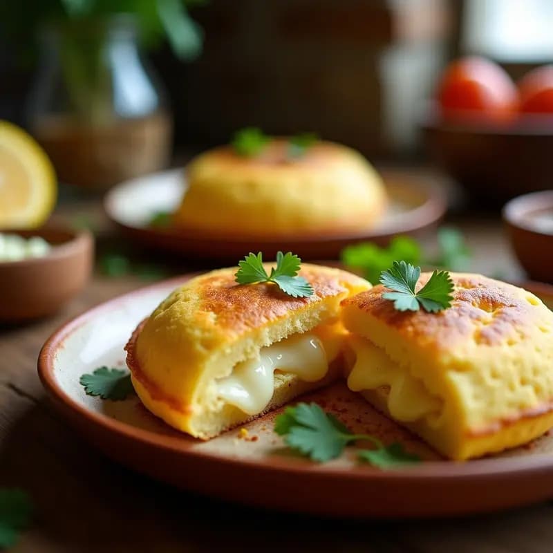 Arepa colombiana dorada y crujiente rellena de queso de guayaba y queso blanco, cortada por la mitad para mostrar el relleno derretido, sobre un plato de madera rústico con hojas de plátano como decoración.