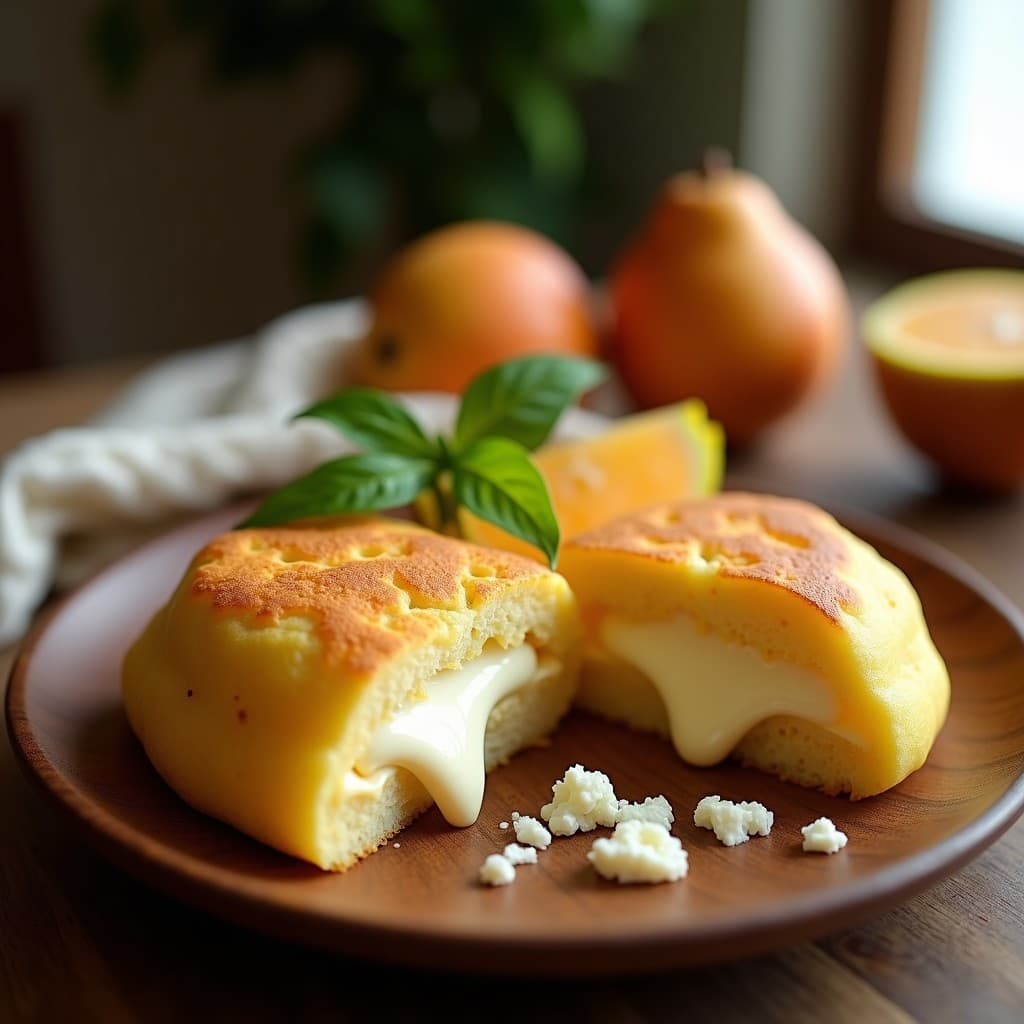Arepa venezolana dorada y crujiente rellena de queso de guayaba y queso blanco, servida en un plato rústico con fondos de guayaba y queso derretido asomándose por los bordes.