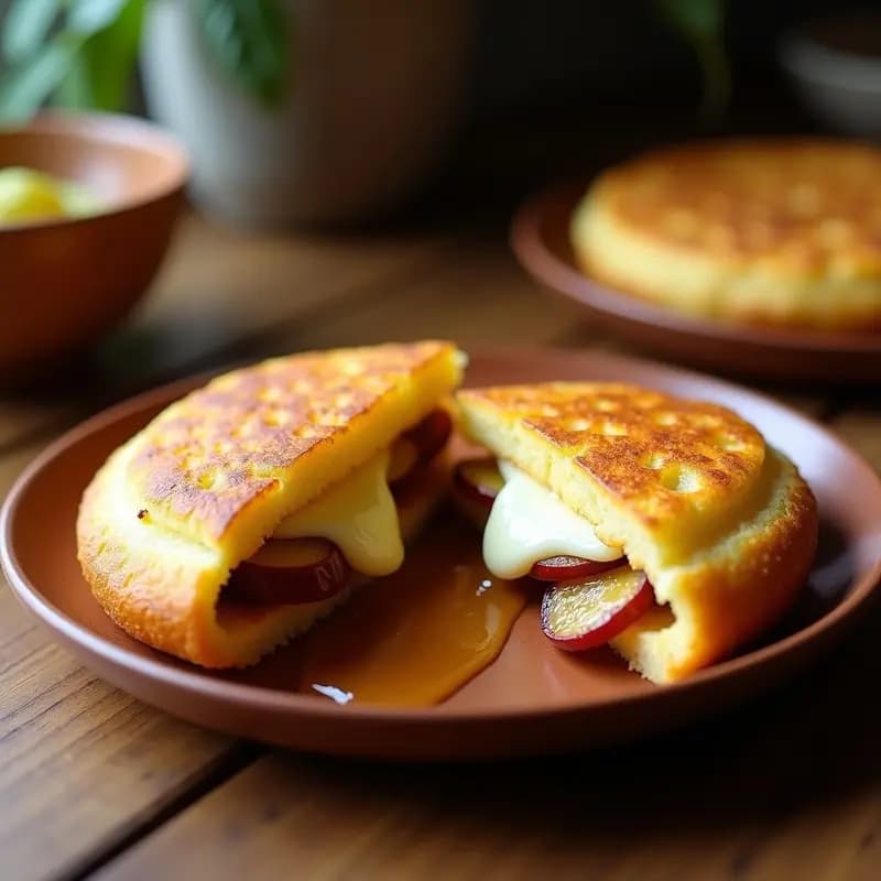 Arepa venezolana dorada y crujiente rellena de queso guayamés cremoso y plátano macho caramelizado, servida en un plato de barro con un glaseado de miel y canela, fondo rústico.
