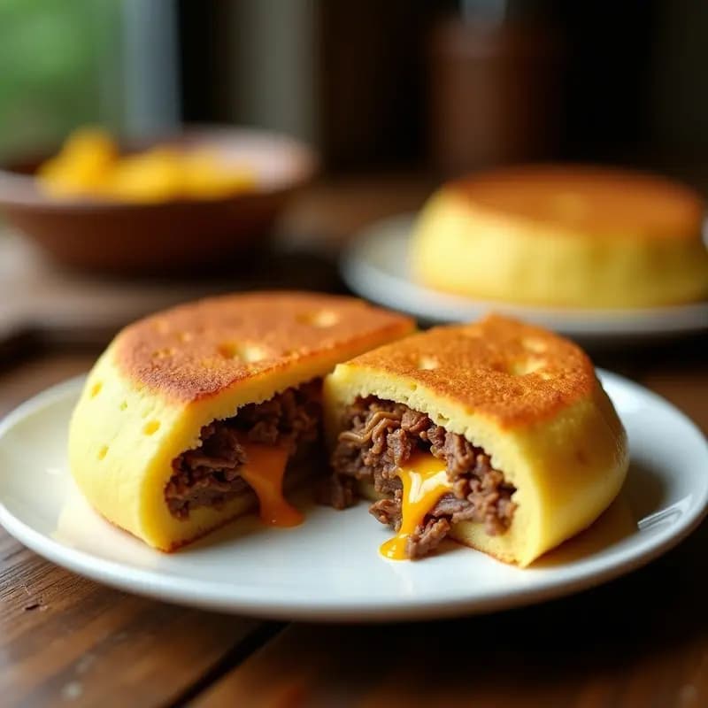 Arepa venezolana dorada y crujiente rellena de queso guayanés derretido y pabello de carne desmenuzada, servida en un plato blanco con fondo rústico.