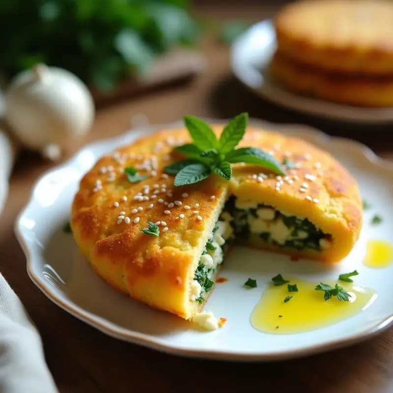 Arepa dorada y crujiente de almidón de yuca rellena de queso halloumi desmenuzado y hierbas frescas como menta y perejil, espolvoreada con semillas de sésamo tostadas, servida en un plato de cerámica blanca con fondo rústico.