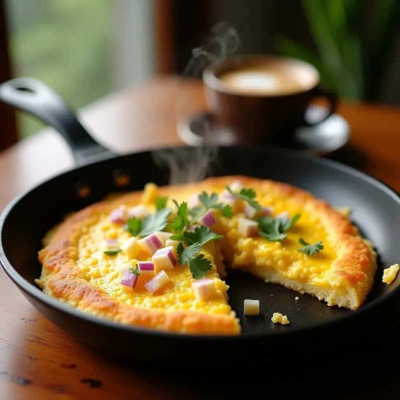 Arepa de queso y huevos en sartén antiadherente, desayuno colombiano tradicional con huevos revueltos con cebolla morada y cilantro, dorada por fuera y esponjosa por dentro.