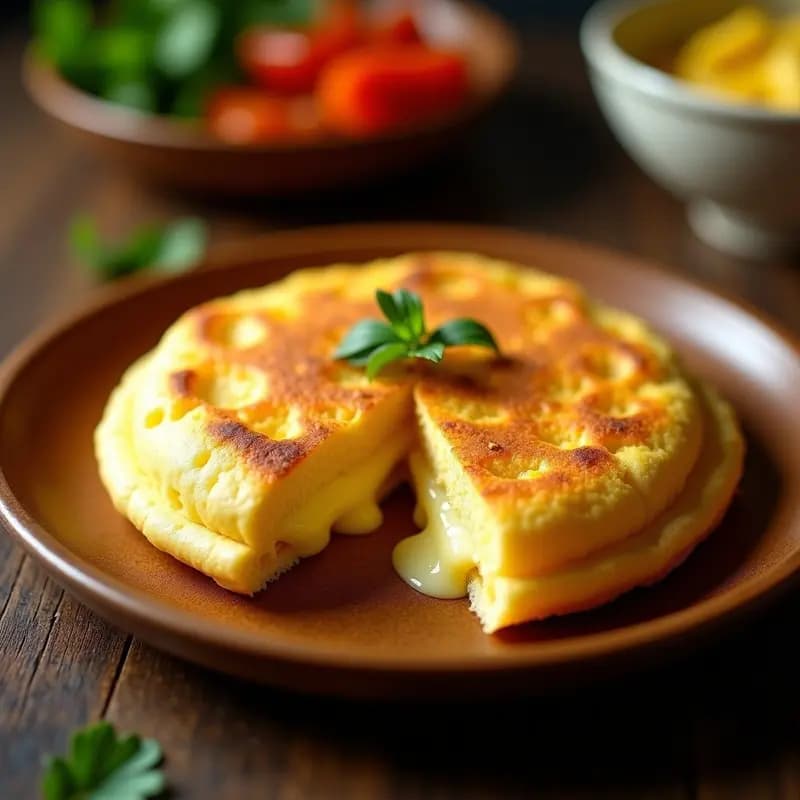 Arepa de queso y maíz blanco dorada y crujiente por fuera, con interior suave y queso derretido, servida en plato rústico con fondo de madera.