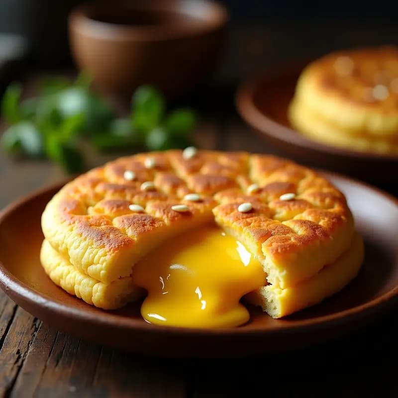 Arepa dorada y crujiente de maíz pipoca con queso costeño derretido por dentro, servida en plato rústico con fondo de madera. Receta de desayuno colombiano sin gluten.
