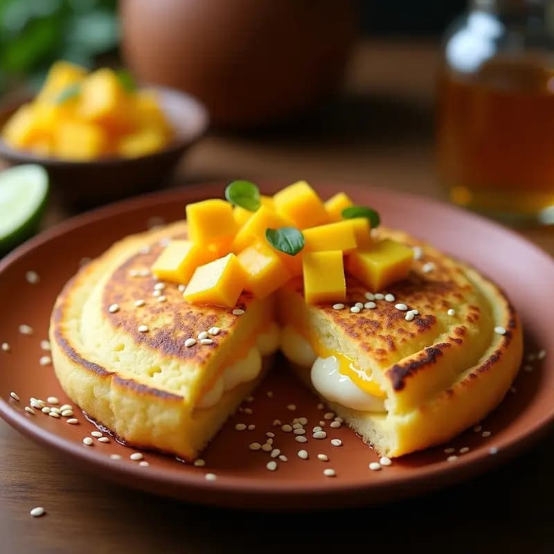 Arepa venezolana dorada y crujiente abierta por la mitad, rellena de queso blanco desmenuzado y cubos de mango maduro jugoso, servida en un plato de barro con un fondo rústico.
